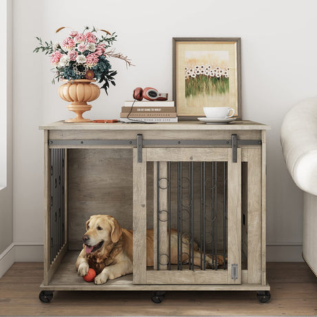 IchbinGo Large Dog Crate Furniture with Sliding Barn Door, 43.7" Wooden Dog Kennel End Table with Wheels and Flip-top Plate Dog House with Detachable Divider for Small/Medium/Large Dog (Rustic Grey) IchbinGo