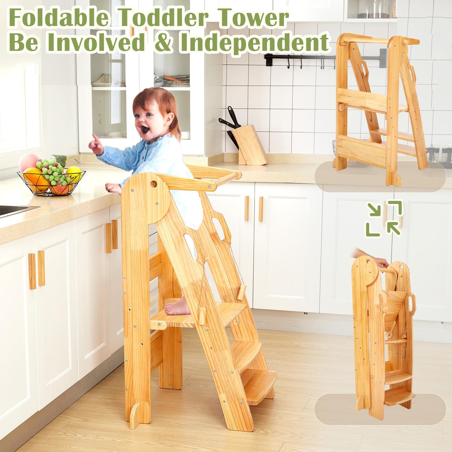 FUNLIO Foldable Kitchen Step Stool with Safety Rails, 3-Level Height Adjustable Toddler Tower for Kids 2-6 Years, Montessori Child Standing Tower for Learning, Easy to Assemble, CPC Approved  - WoodArtSupply