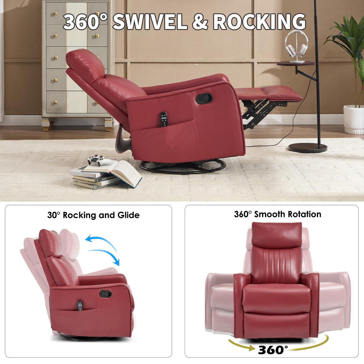 Trustyue Swivel Rocker Recliner Chair, 360° Swivel Recliner with Heat and Massage, Rocker Recliner Nursery Glider Chair with Side Pockets for Living Room (Red, Faux Leather) Trustyue