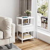 VIMBER Nightstand Set of 2, Adjustable LED Side Table with Charging Station and Fabric Drawer,Beside Tables with Open Compartment for Living Room, Easy Assemble, 3 Tier End Table for Bedroom, White VIMBER