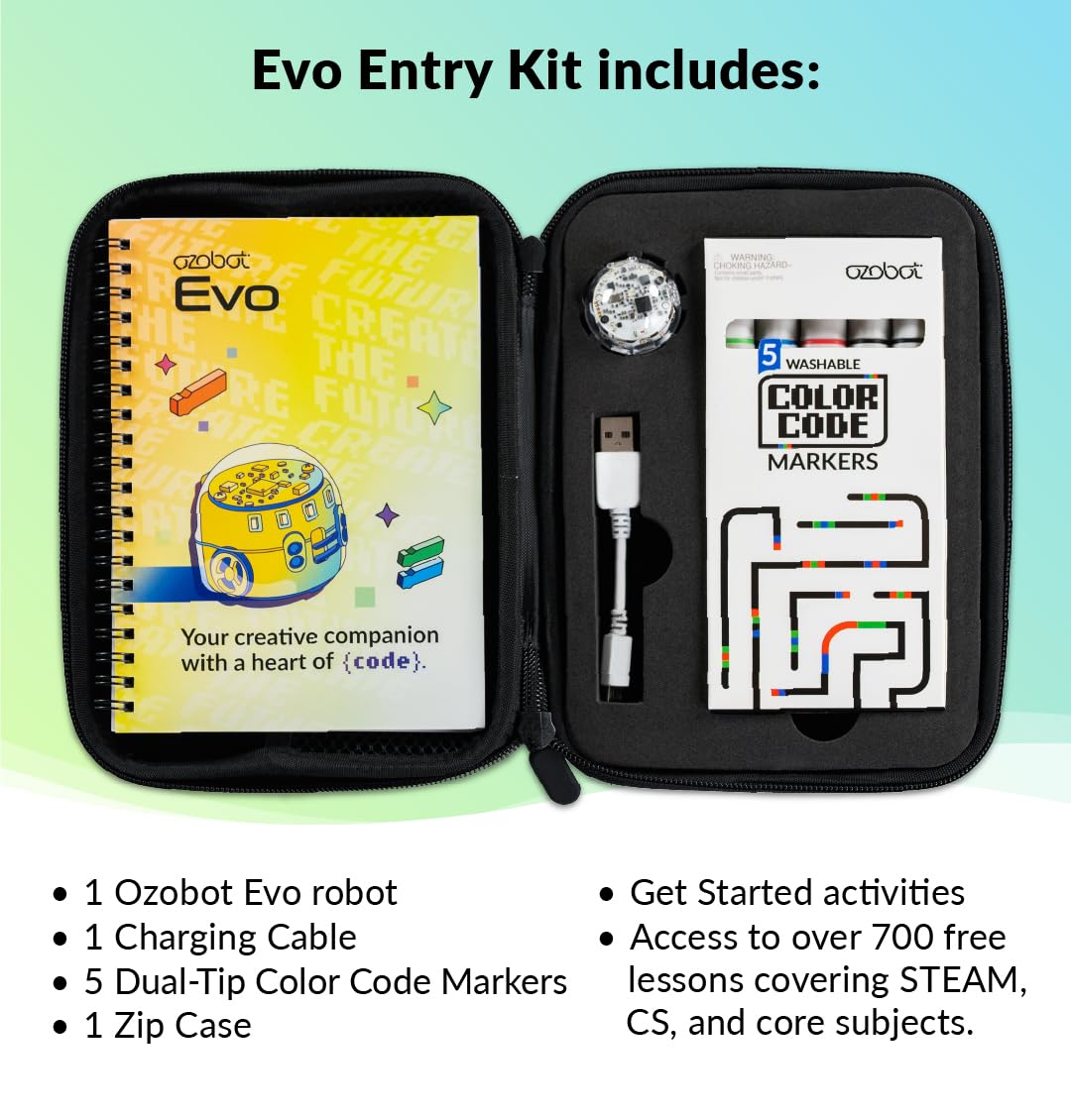 Ozobot Evo Entry Kit: Interactive Coding Robot, Kids Ages 5+, Includes Color Code Markers, Charging Cable, Zip Case, Access to 700+ STEM Lessons - Educators & Parents, No Coding Experience Required Ozobot