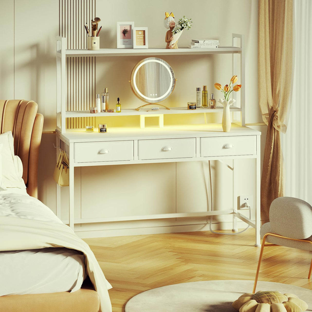 Furologee Computer Desk with 3 Drawers, 47 Inch Home Office Desks with Power Outlet and LED Light, Gaming Desk with Monitor Stand and Hutch, Modern Work/Writing/Study Table for Bedroom, White Furologee