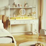 Furologee Computer Desk with 3 Drawers, 47 Inch Home Office Desks with Power Outlet and LED Light, Gaming Desk with Monitor Stand and Hutch, Modern Work/Writing/Study Table for Bedroom, White Furologee