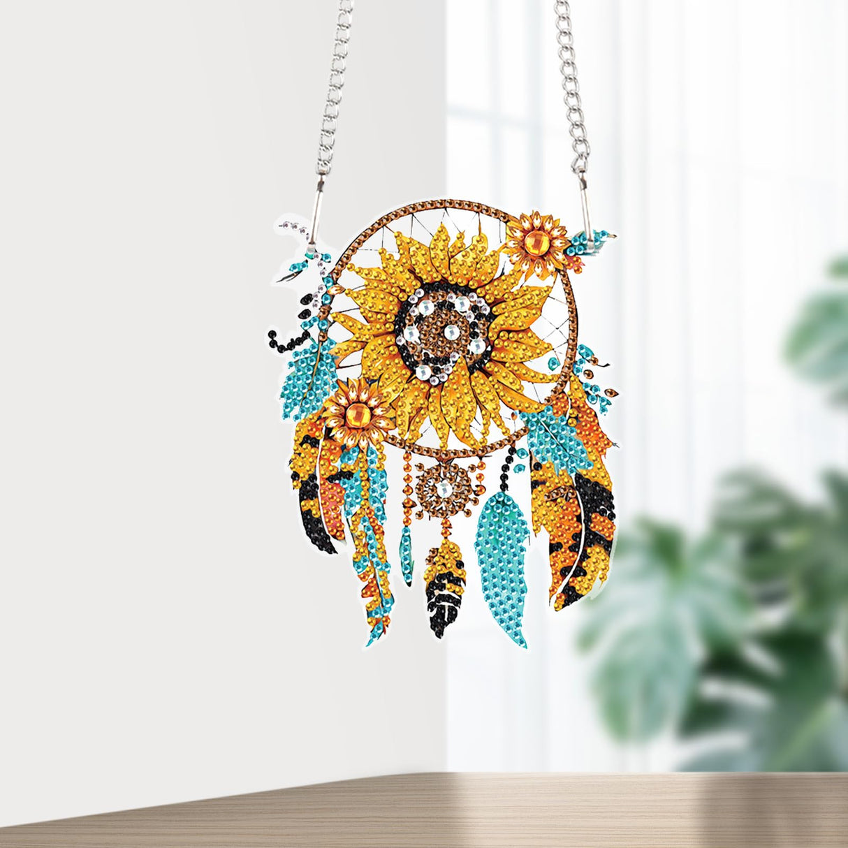 Sunflower Dream Catcher Diamond Painting Kit Ornament with Hanging Chain DIY Diamond Art Hanging Pendant Paint by Number Stained Glass Wall Art for Adults Home Wall Decor Gift AiYuanzsh