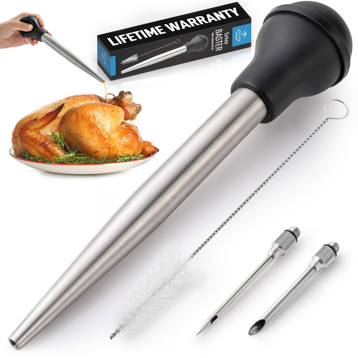 Zulay Kitchen Stainless Steel Turkey Baster for Cooking - Food Grade Metal Turkey Baster Syringe & Silicone Suction Bulb - Turkey Baster Large Size - Includes 2 Detachable Needles and Cleaning Brush Zulay Kitchen
