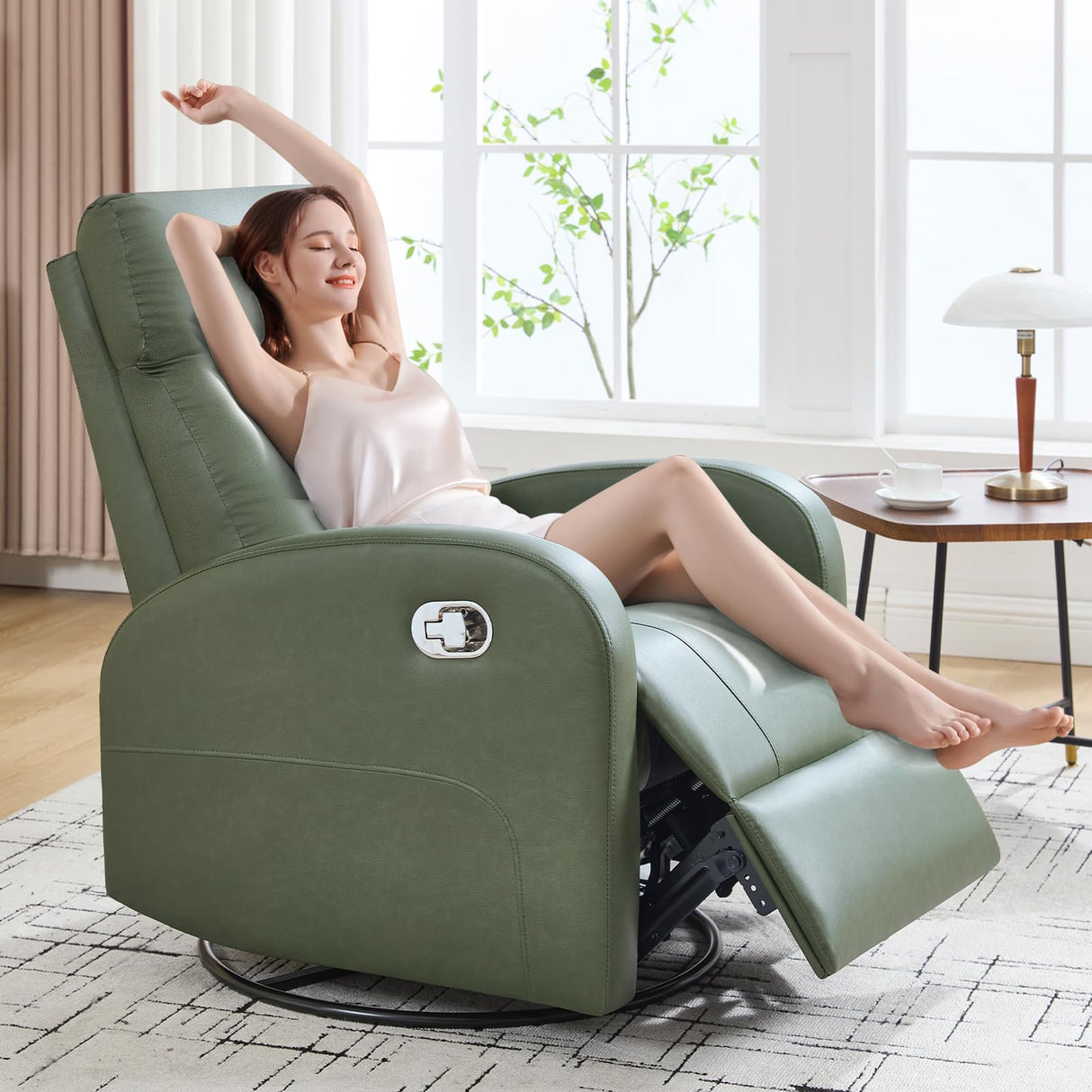 HOMYKA Swivel Rocker Recliner, Faux Leather Rocking Recliner Chair with Manual Adjustable Footrest, Reclining Chair Nursery Glider Recliners for Small Spaces, Living Room, Dark Green HOMYKA