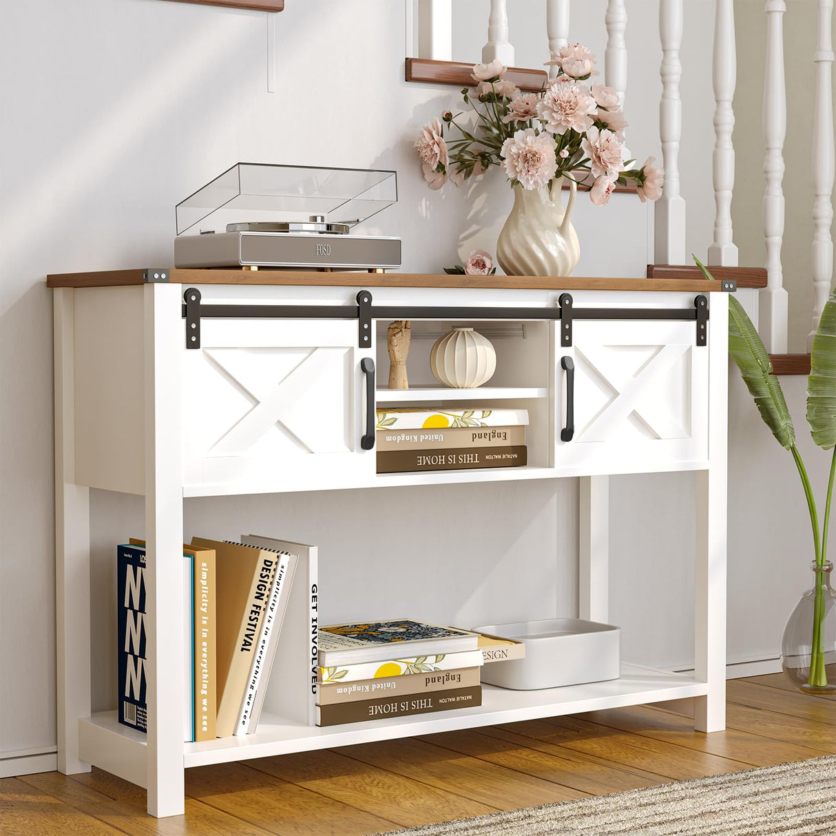 HXBOAUVS Farmhouse Entryway Table with LED Light, Sofa Table with Sliding Barn Door, Adjustable Open Shelves, 46" Rustic Console Table with Storage, Antique White Hallway for Living Room Bedroom HXBOAUVS