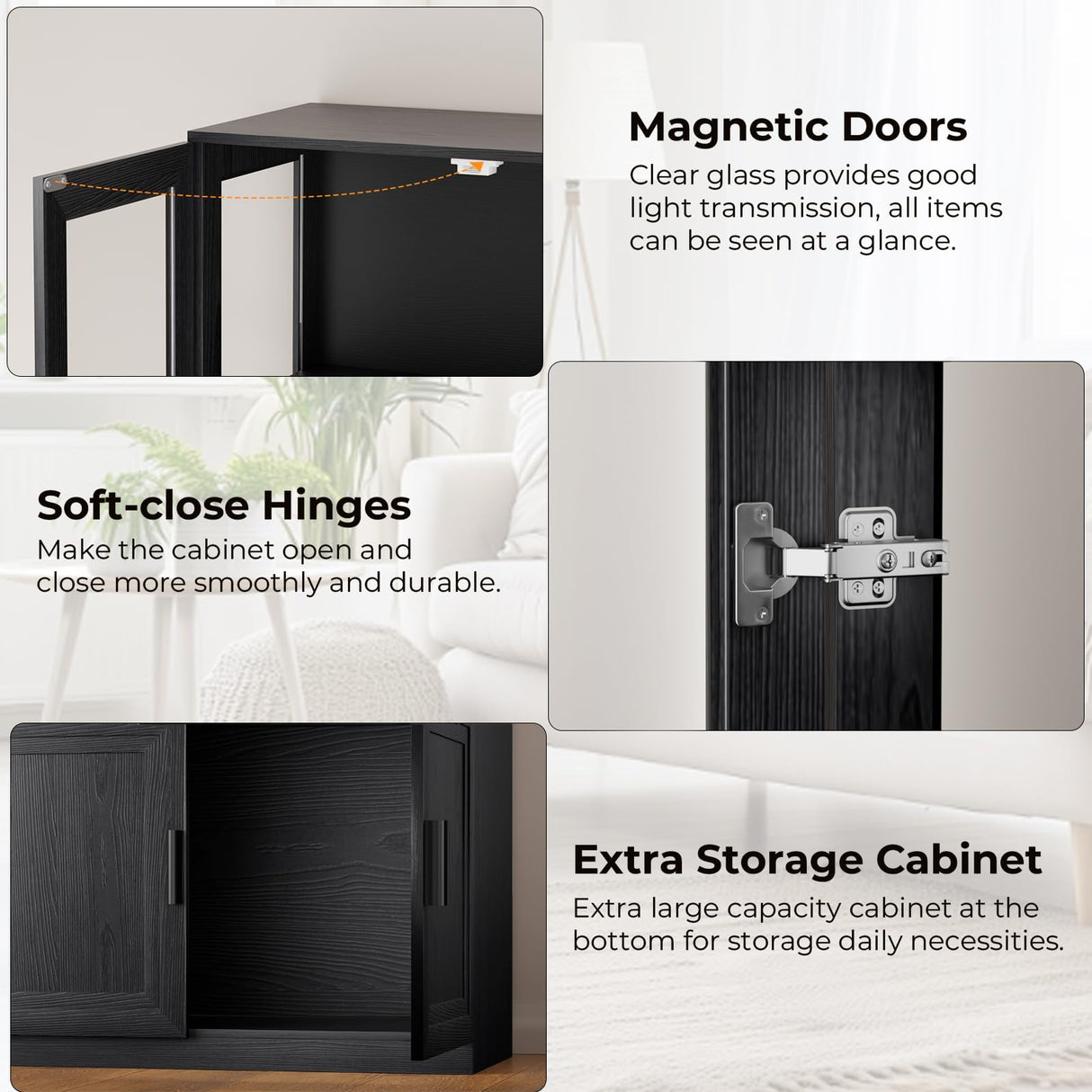 BROTTAR 67" Tall Curio Display Cabinet with Glass Doors, Large Storage Cabinet with LED Lights & Motion Sensor for Collectibles, Book, 4-Tier China Cabinet Bookcase for Living Room (Black) BROTTAR