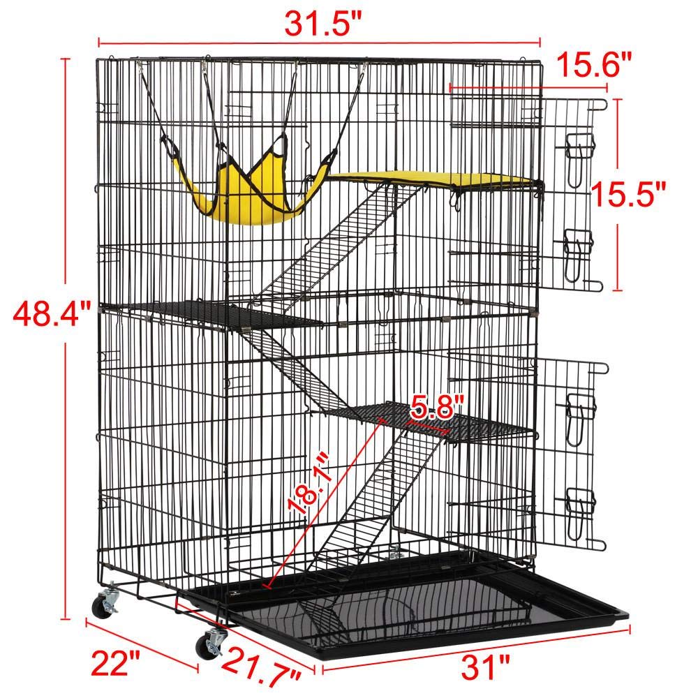 Yaheetech 49'' Collapsible Cat Cage 4-Tier Metal Cat Kennel Ferret Enclosure Chinchilla Cage with Rotating Casters/Ramp/Ladders/Hammock for Indoor Kitten