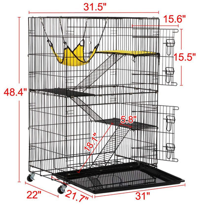 Yaheetech 49'' Collapsible Cat Cage 4-Tier Metal Cat Kennel Ferret Enclosure Chinchilla Cage with Rotating Casters/Ramp/Ladders/Hammock for Indoor Kitten