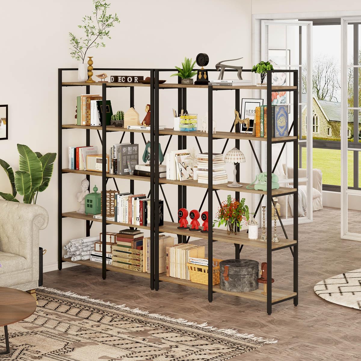 BON AUGURE 5-Tier Vintage Oak Industrial Bookshelf - Heavy Duty Etagere Shelving Unit for Home & Office - WoodArtSupply