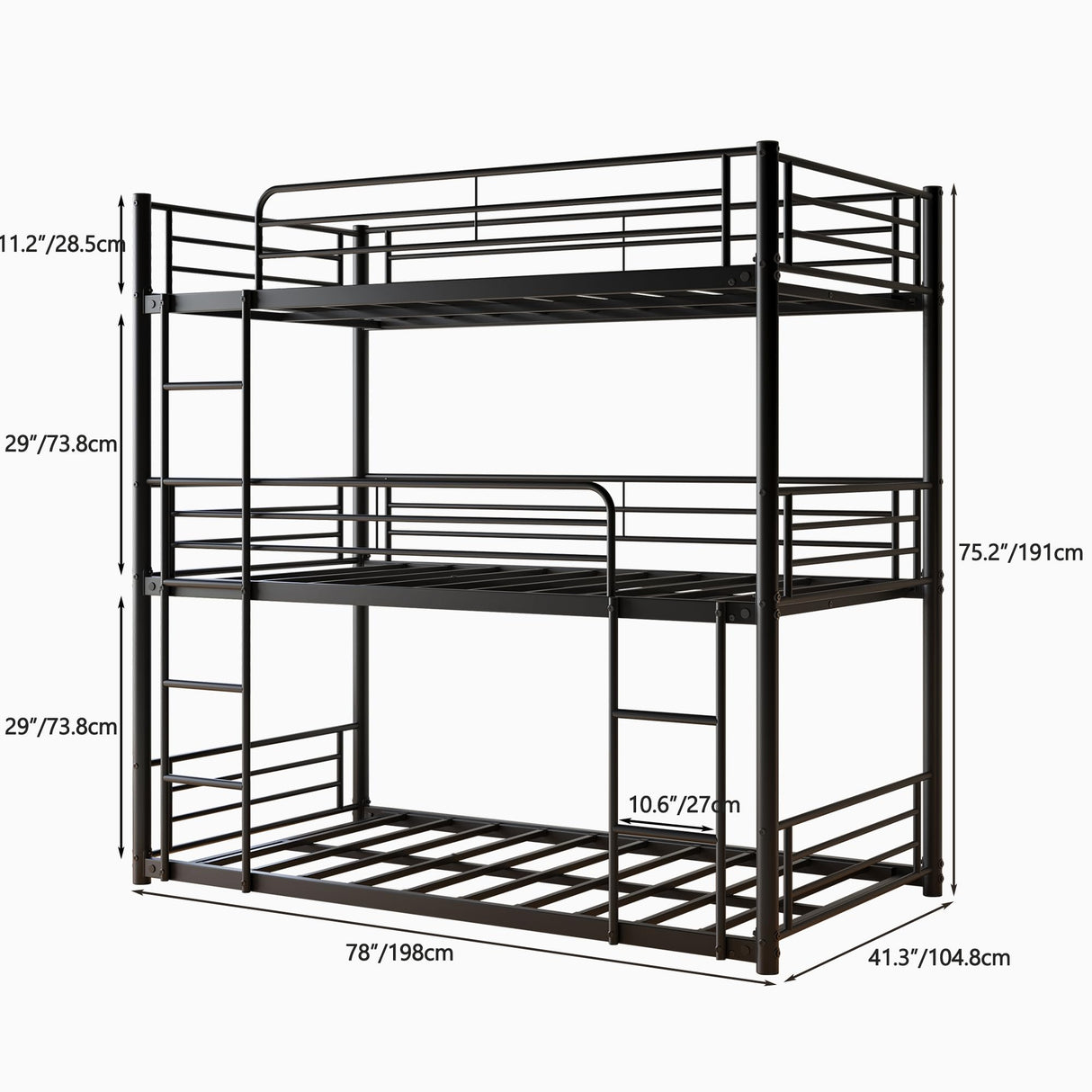 Black Metal Triple Bunk Bed,Heavy Duty Twin Over Twin Over Twin Bunkbeds with Ladder,Family-Friendly for All Ages,Bedroom,Apartments,No Box Spring Needed,Easy Assembly,Noise Free Maliacife