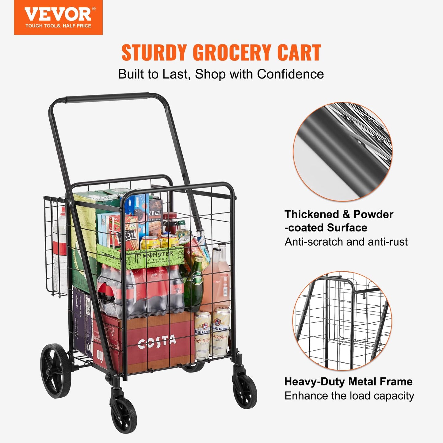 VEVOR Folding Shopping Cart, Jumbo Grocery Cart with Double Baskets, 360° Swivel Wheels, Heavy Duty Utility Cart, 110 LBS Large Capacity Utility Cart for Laundry, Shopping, Grocery, Luggage - WoodArtSupply