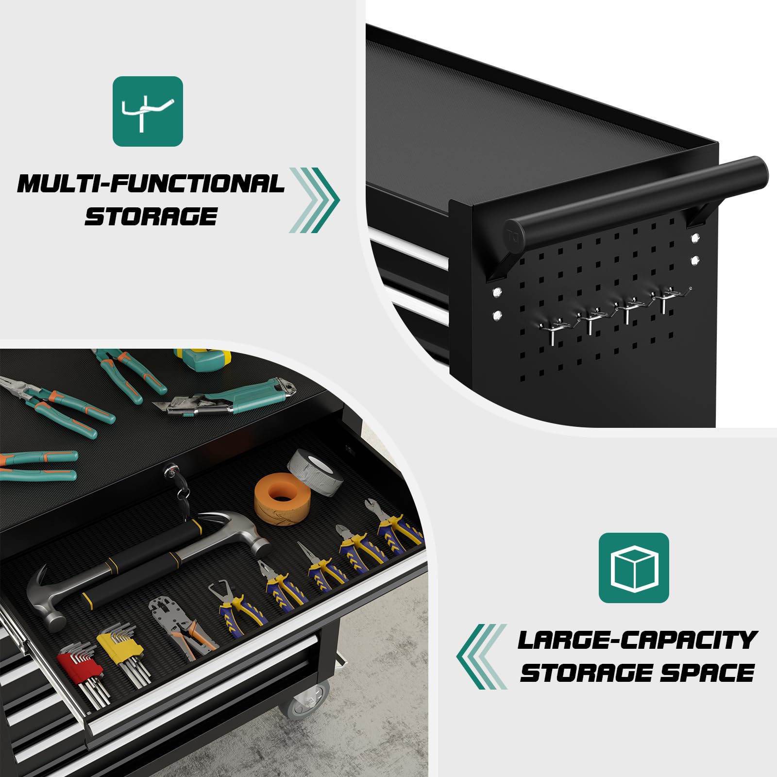 DUSACOM 7-Drawer Rolling Tool Chest Toolbox, Rolling Tool Box with Wheels, Tool Chest with Keyed Locking System and Drawer Liners, Tool Box Organizer for Garage, Warehouse, Workshop(Black) - WoodArtSupply