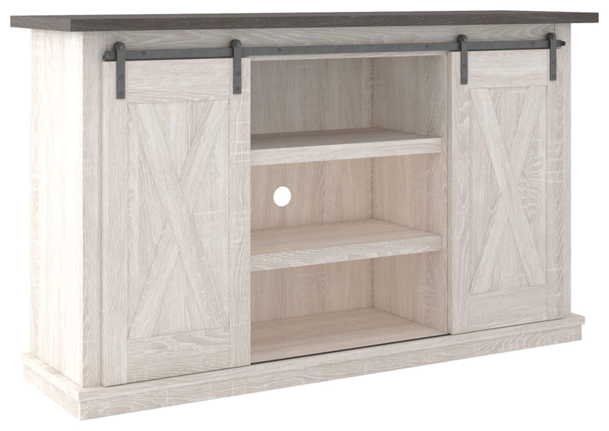 Signature Design by Ashley Dorrinson Farmhouse TV Stand Fits TVs up to 50" with Sliding Barn Doors and Storage Shelves, Whitewash & Gray - WoodArtSupply