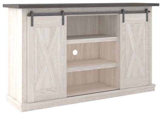 Signature Design by Ashley Dorrinson Farmhouse TV Stand Fits TVs up to 50" with Sliding Barn Doors and Storage Shelves, Whitewash & Gray - WoodArtSupply