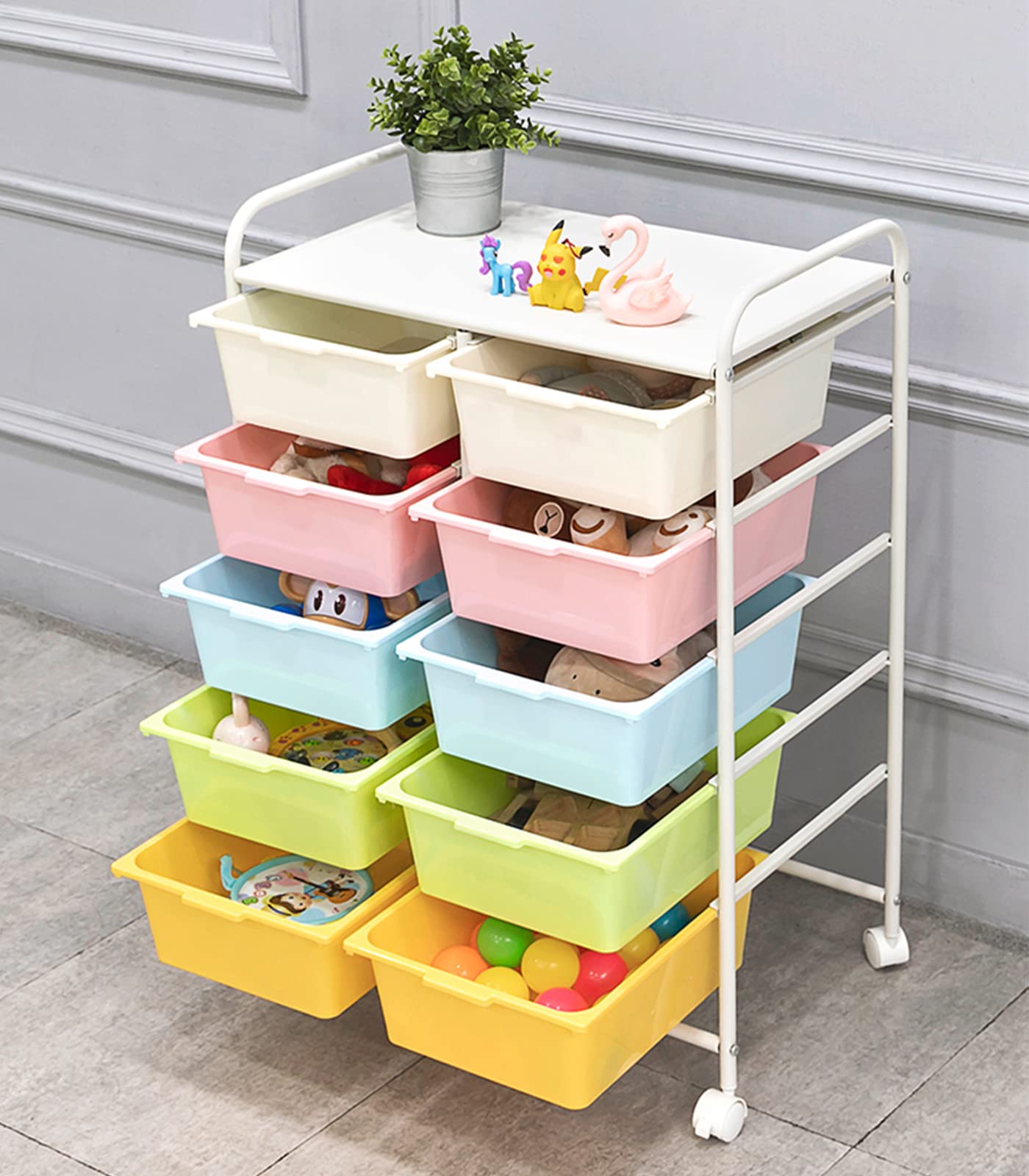 Ytaoka 10 Drawers Rolling Storage Cart, Plastic Drawer Cart with Metal Frame, Multipurpose Art Craft Cart Organizer with Wheels, Utility Cart with Drawers for Home, Office, School, Multicolor - WoodArtSupply