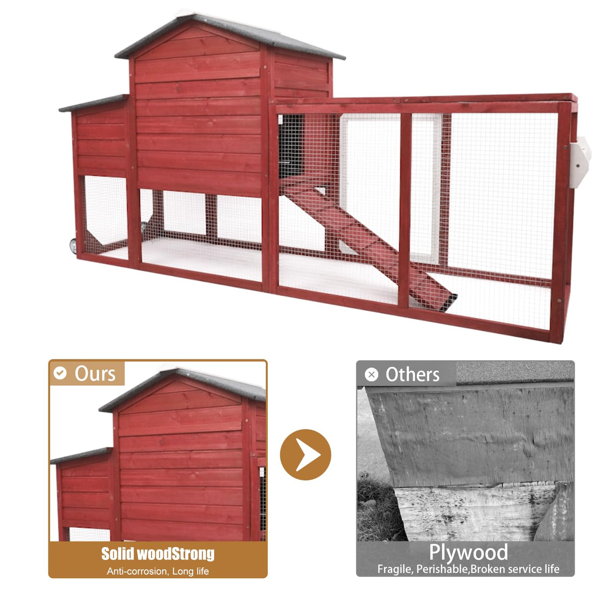 PetsCosset 79" Wooden Chicken Coop Rabbit Cage with Nesting Box, Waterproof Roof, Removable Tray, Combinable PetsCosset