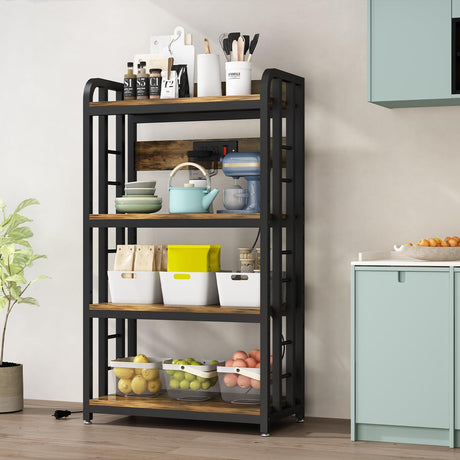 SIREDEEP Rustic Brown 4-Tier Bakers Rack with Power Outlet – Versatile Kitchen Storage and Microwave Stand SIREDEEP