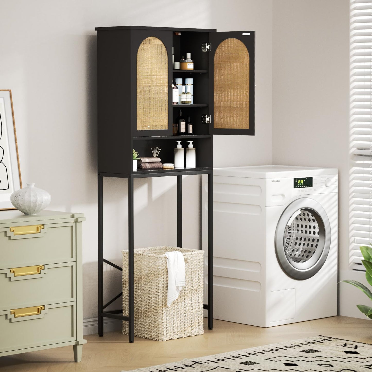 Rattan Door Black Toilet Storage Cabinet with Adjustable Shelf and Metal Stand - WoodArtSupply