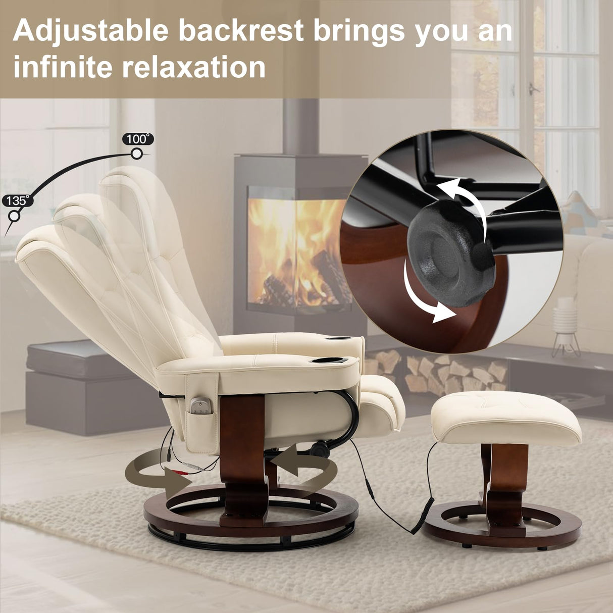 AVAWING Reclining Chair with Vibration Massage Faux Leather Recliner with Ottoman Swivel Wood Recliner Chairs for Living Room, Beige AVAWING