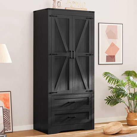 Quimoo 71" Farmhouse Tall Storage Cabinet with Barn Doors, Kitchen Pantry Cabinet with 2 Drawers & Adjustable Shelf, Pantry Storage Cabinet, for Kitchen, Living Room, Dining Room, Black Quimoo