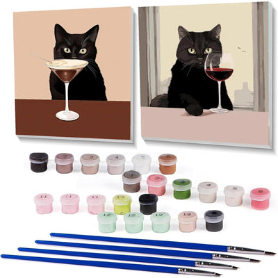 Fotasmua 2 Pack Black Cat Paint by Number Kits for Adults and Kids, Easy Vintage Adult Paintng by Numbers with Framed, Black Cat with Wine Oil Acrylic Paint by Numbers Kits for Wall Decor 8 x 8 Inch