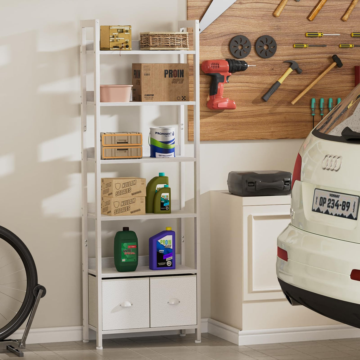 Furologee White 6 Tier Bookshelf with Drawers, Tall 71" Bookcase with Shelves, Modern Wood and Metal Bookshelves Storage Organizer, Display Free Standing Shelf Unit for Bedroom, Living Room, Office Furologee