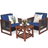 Tangkula 3 Pieces Patio Wicker Furniture Set, Rattan Outdoor Sofa Set w/Washable Cushion & Acacia Wood Coffee Table, Conversation Bistro Set for Garden Balcony Backyard (Blue) Tangkula