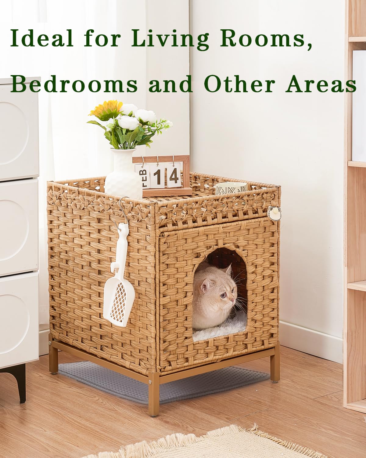 SETVSON Cat Litter Box Enclosure Hidden Litter Box Furniture with Metal Heightened Feet, Rattan Handwoven Cat House with Litter Mat, Hidden Litter Box Furniture for Bedroom Living Room Natural SETVSON