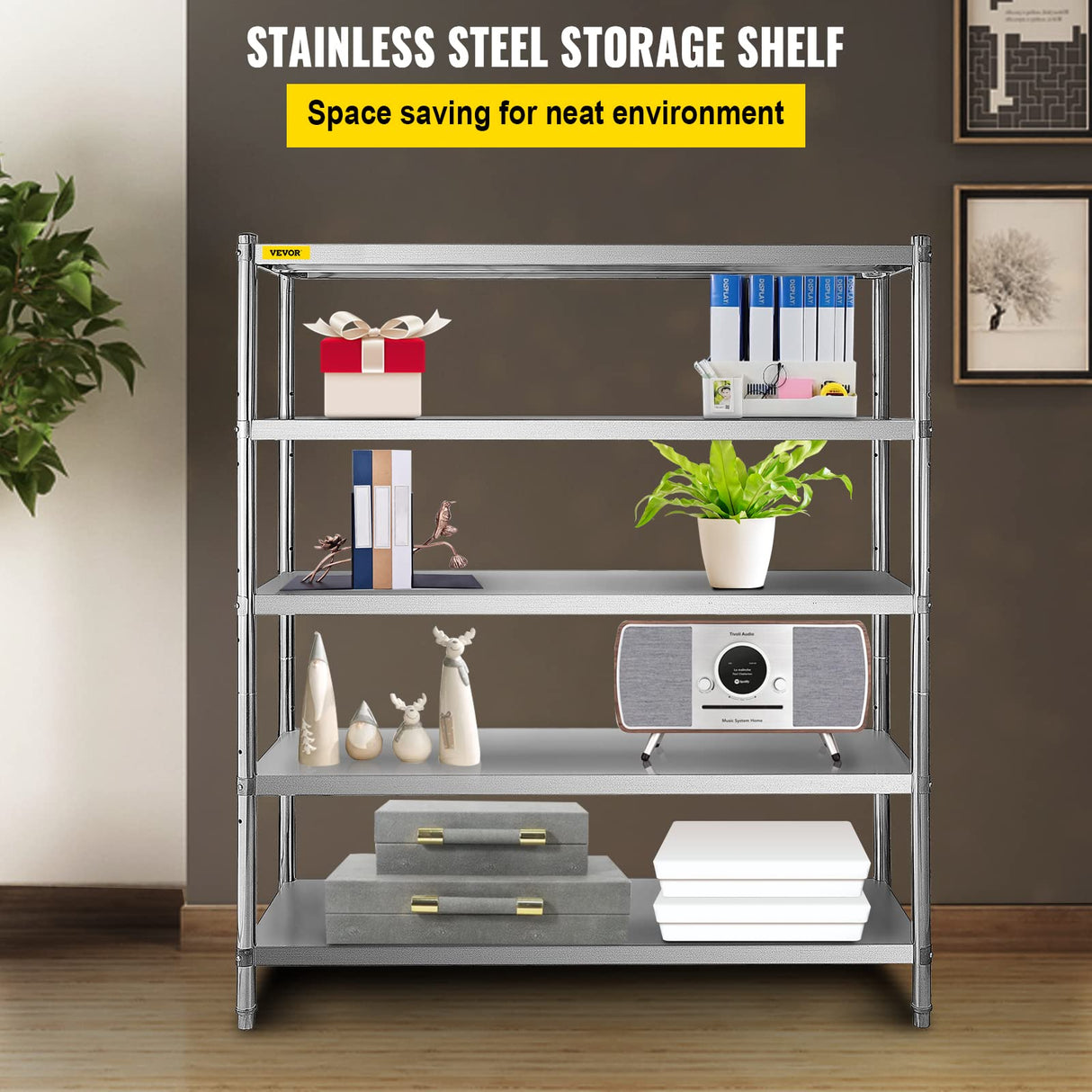 VBENLEM Stainless Steel Shelving 60x18.5 Inch 5 Tier Adjustable Shelf Storage Unit Stainless Steel Heavy Duty Shelving for Kitchen Commercial Office VBENLEM
