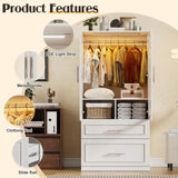 PAKASEPT Armoire Wardrobe Closet with Glass Door and Drawers, Bedroom Closet Wardrobe Cabinet with Hanging Rod, Lighted Freestanding Armoire Storage Cabinet for Bedroom Cloakroom White PAKASEPT