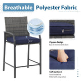 JOIVI 3 Piece Patio Bar Set, Outdoor Wicker Counter Height Bar Stools and Wood Top Table Set for 2 People, Bar Height Table Bistro Set with 2 Bar Chairs and Cushions for Backyard, Balcony JOIVI