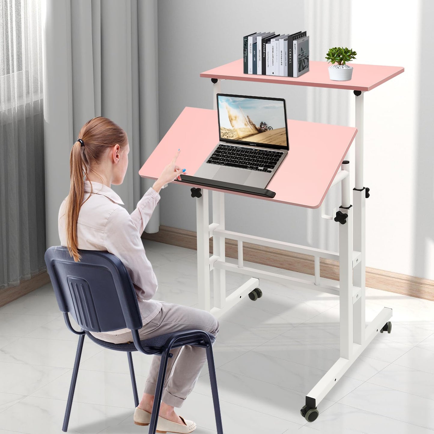 Upyouths Mobile Stand up Desk with USB Interfaces&Socket, Adjustable Standing Desk with Wheels Home Office Workstation, Sit Stand Desk Rolling Desk Laptop Cart for Standing or Sitting (Pink)