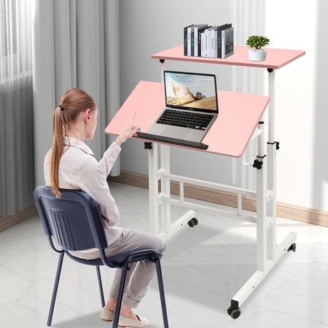 Upyouths Mobile Stand up Desk with USB Interfaces&Socket, Adjustable Standing Desk with Wheels Home Office Workstation, Sit Stand Desk Rolling Desk Laptop Cart for Standing or Sitting (Pink) Upyouths
