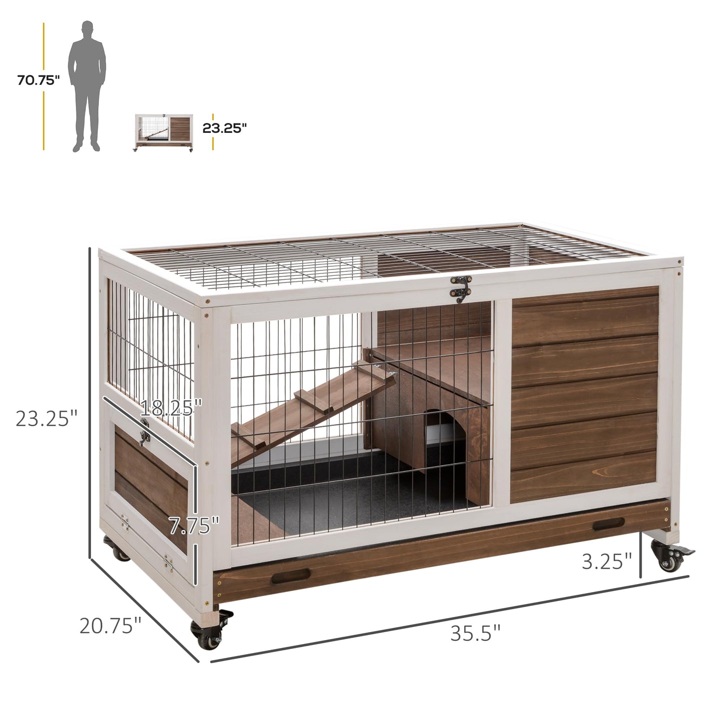 PawHut Wooden Indoor Rabbit Hutch Elevated Cage Habitat with No Leak Tray Enclosed Run with Wheels, Ideal for Rabbits and Guinea Pigs, Brown - WoodArtSupply