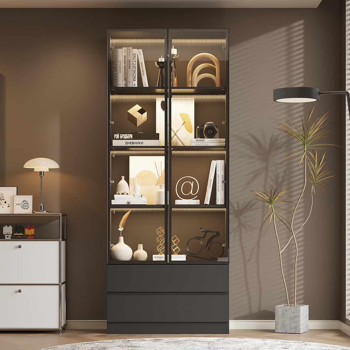 WOODTIME 78.7" H Display Storage Cabinet with Tempered Glass Doors & 3-Color Light, Wooden Curio Cabinet Bookcase Bookshelf with 4-Tier Shelves & 2 Drawers for Home Office Living Room Salon, Black WOODTIME