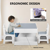 Kinder King Kids Wood Table & 2 Chairs Set, 4 in 1 Children Activity Table w/Double Bookcase, Blackboard, Toddler Furniture Set for Art, Crafts, Drawing, Reading, Playroom, Grey Kinder King