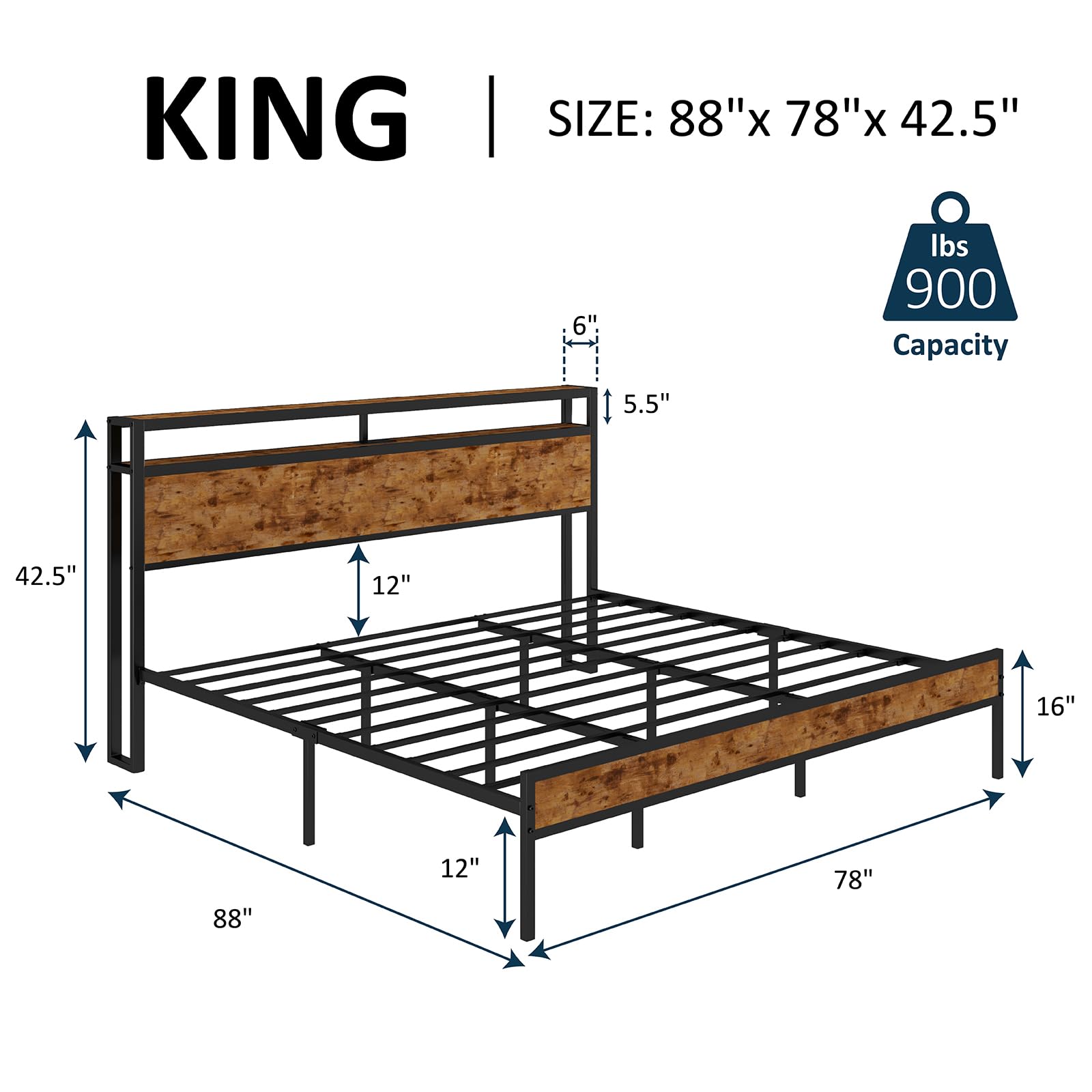 AMERLIFE Industrial King Size Bed Frame with Charging Station and 2-Tier Storage Headboard – No Box Spring Needed, Noise-Free, Dark Brown - WoodArtSupply