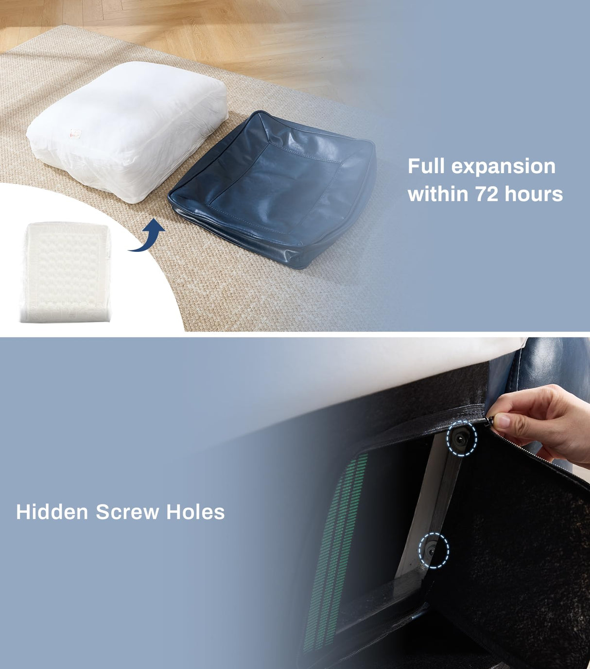 Kingfun Mid-Century Modern Couch, Faux Leather Sofa, 3 Seater Couch for Living Room with Rolled arms & Nailhead Trim, Blue Kingfun