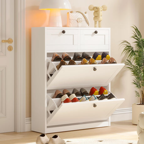 VOWNER Shoe Cabinet with 2 Flip Drawers & 2 Drawers, Freestanding Shoe Storage Cabinet with Adjustable Shelves, Shoe Organizer for Entryway, Hallway, Living Room (White) VOWNER