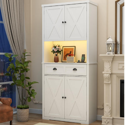 Gyfimoie 72" Pantry Cabinet with LED Light and Charging Station, Farmhouse Kitchen Pantry Cabinet with Microwave Stand, Freestanding Cupboard with Drawer, Adjustable Shelves for Dining Room (White)