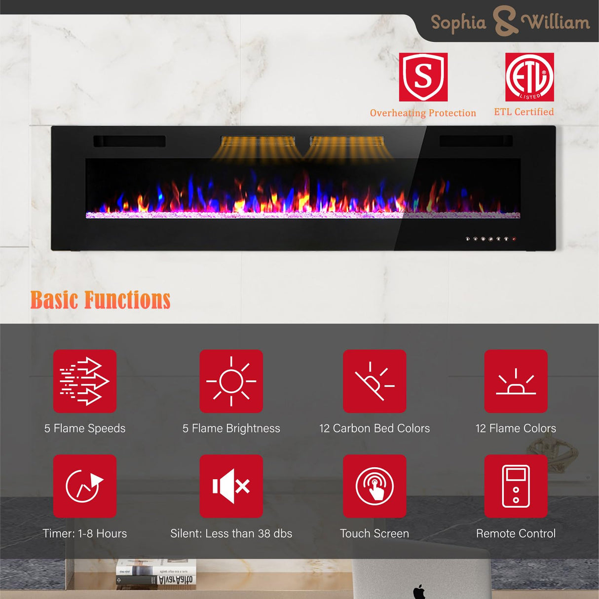 Sophia & William Electric Fireplace 72 Inch Wall Mounted & Recessed, Ultrathin 3.86" Electric Heater with Remote Control Touch Screen Noiseless, Fit for 2 x 4 & 2 x 6 Stud, Flame Color Adjustable Sophia & William