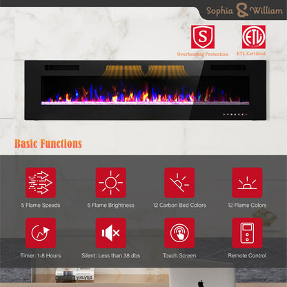 Sophia & William Electric Fireplace 72 Inch Wall Mounted & Recessed, Ultrathin 3.86" Electric Heater with Remote Control Touch Screen Noiseless, Fit for 2 x 4 & 2 x 6 Stud, Flame Color Adjustable