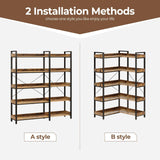 Rolanstar Bookshelf 5 Tier with 4 Hooks, Reversible Corner Bookshelf, 65" Industrial Wooden Bookcase with Open Shelves and Metal Frame for Living Room, Bedroom, Home Office, Rustic Brown Rolanstar