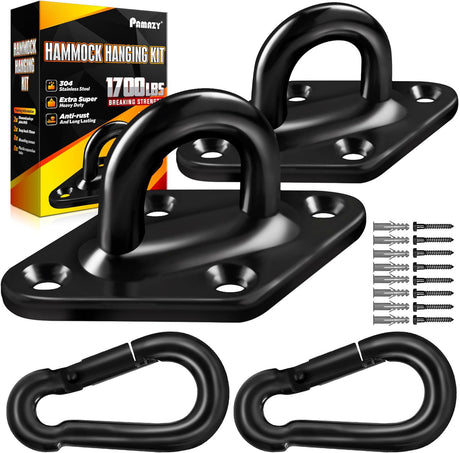 [Upgraded] 1700 lb Capacity 2PCS M10 Stainless Steel Pad Eye Hooks+2PCS 10MM Snap Hook + 8PCS Heavy Duty Screws for Hammock Hanging Kit, Swing Hanging, Wall/Ceiling Mount, Indoor & Outdoor PAMAZY