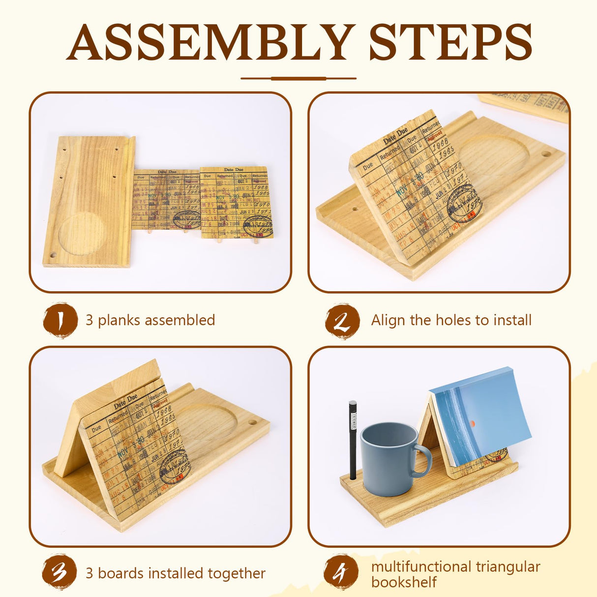 Wooden Triangle Book Stand with Drink Holder, Library Card Design Book Holder Page Rest, Night Stand Book Holder with Pen Slot, Gift for Book Lovers, Readers, Librarians, Writers Tanfeine