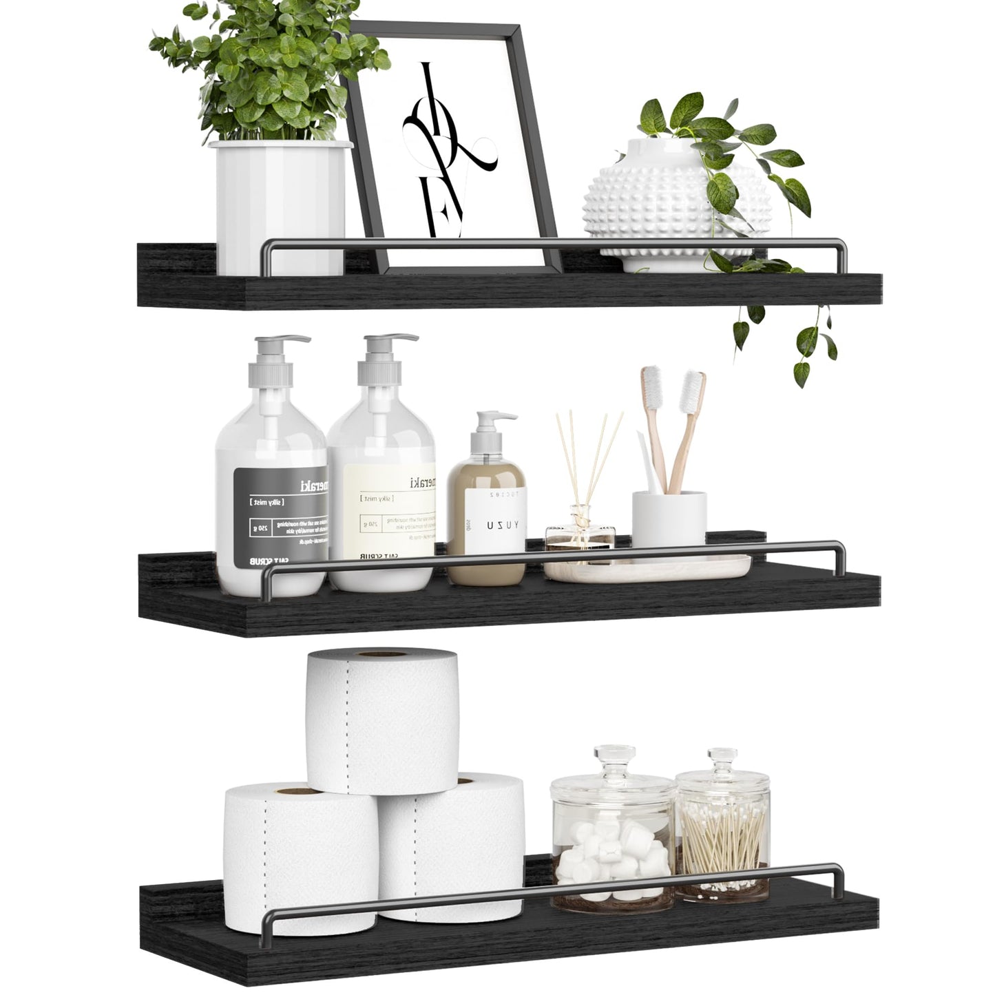 RYOFOBETTO Floating Shelves for Wall Decor Bathroom Shelves Over Toilet, Farmhouse Wall Shelves for Living Room, Bedroom, Picture Frames, Plants, Kitchen (Black, Set of 3)