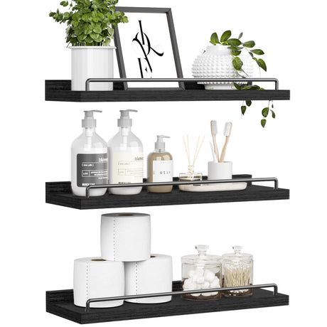 RYOFOBETTO Floating Shelves for Wall Decor Bathroom Shelves Over Toilet, Farmhouse Wall Shelves for Living Room, Bedroom, Picture Frames, Plants, Kitchen (Black, Set of 3) RYOFOBETTO