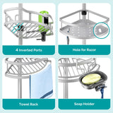 HAMITOR Corner Shower Caddy Tension Pole: Rustproof 4-Tier Bathroom Organizer Shelves for Bathtub Shampoo Storage - 47-121 Inch Quick Install Adjustable Rod Standing Rack with Soap Rack - Silver Gray HAMITOR